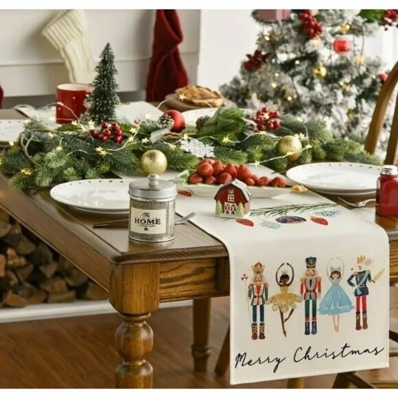 Christmas Table Runner 13x72in Nutcracker Woven Polyester NEW off white - Picture 2 of 2